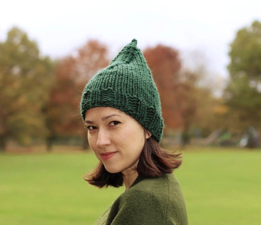 Hand Knitted Elf, Gnome Hat, Chunky Winter Hat, Forest Green