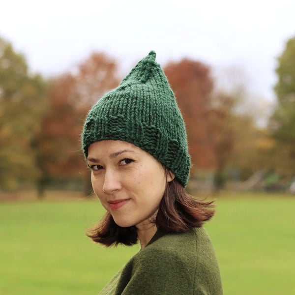 Hand Knitted Elf, Gnome Hat, Chunky Winter Hat, Forest Green