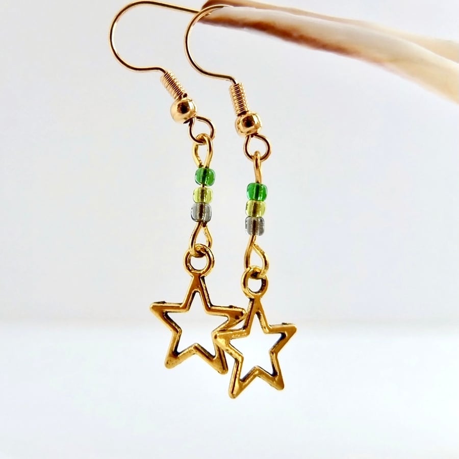 Christmas Earrings - Gold Star And Glass Beads - Handmade In Devon - Free UK P&P
