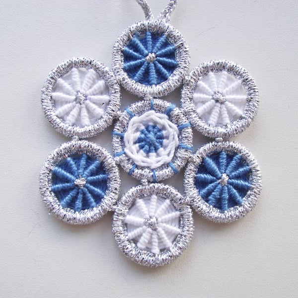 Christmas Decoration, Dorset Buttons, Blue, White, Silver, Handmade