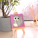 Grey Squirrel Art - acrylic painting of a cute squirrel on a small pink canvas
