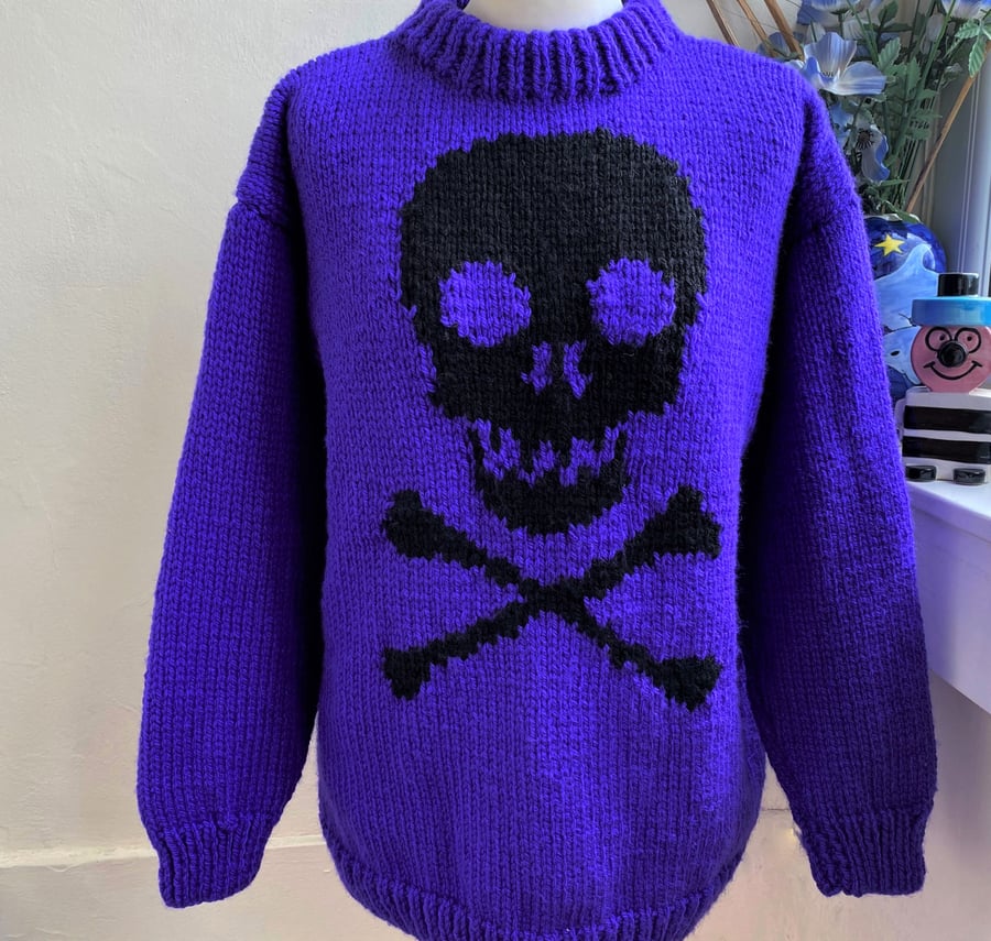 Purple sweater with black Skull and Crossbones Hand Knitted Goth Jumper