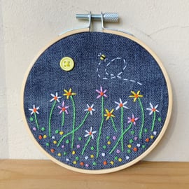 Recycled Denim. Embroidery Hoop. Embroidered Flowers. Wildflowers. Meadows.