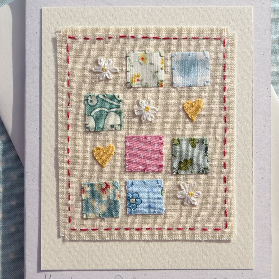 Hearts and Daisies mini 'patchwork' with embroidered daisies & applique hearts