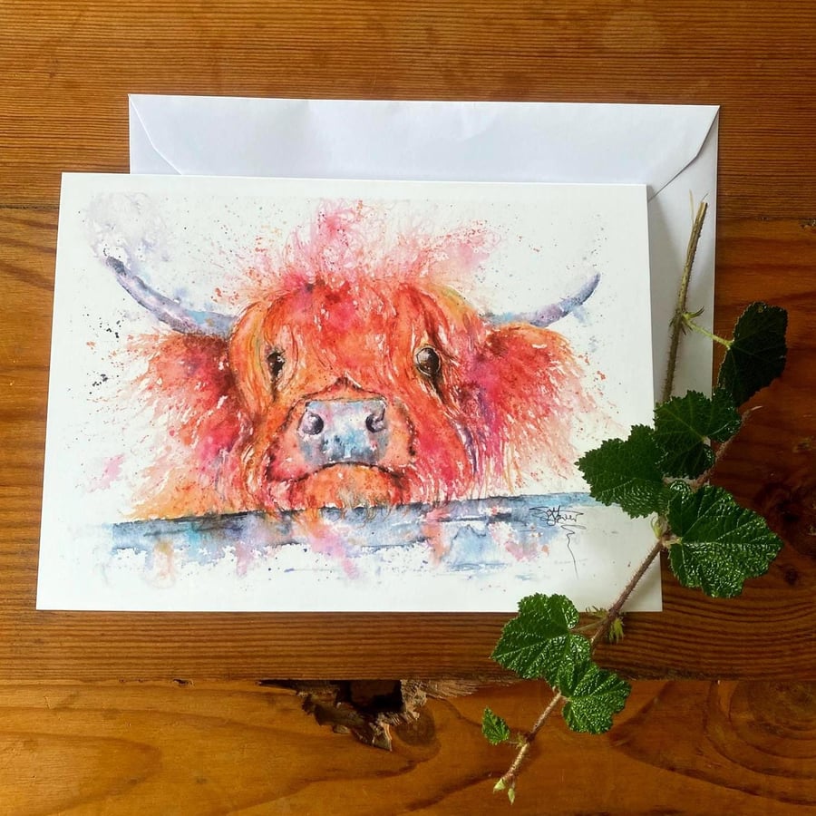 Dougal the Highland Cow Card, A5 blank greeting card with a watercolour cow 