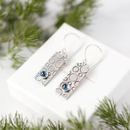 Textured Silver Dangle Earrings with Blue Topaz - Geometric Rectangle Jewellery