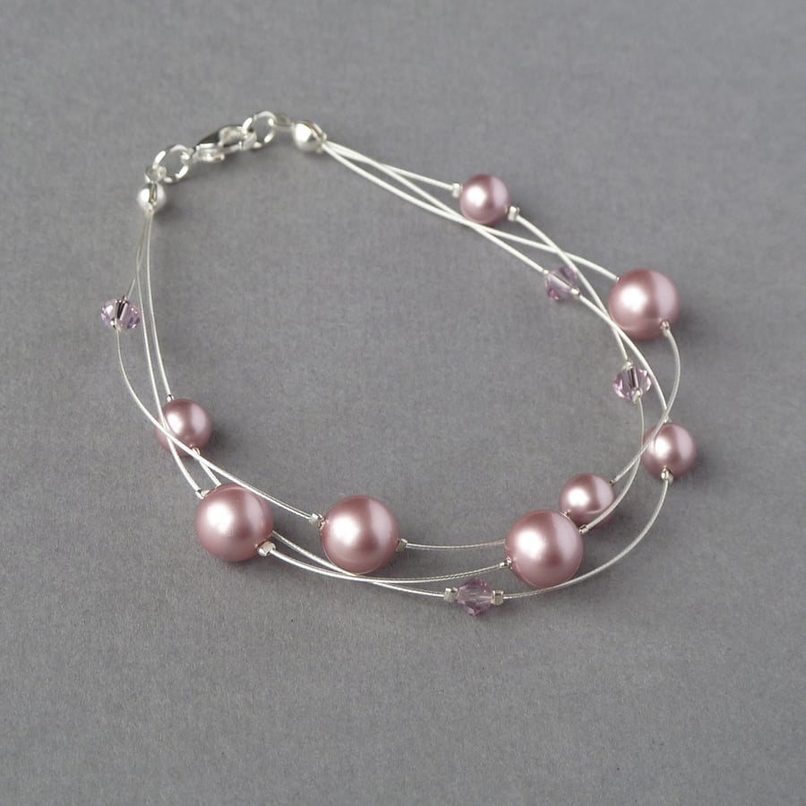 Dusky Pink Floating Pearl Bracelet - Powder Rose Bridesmaid Jewellery - Gifts