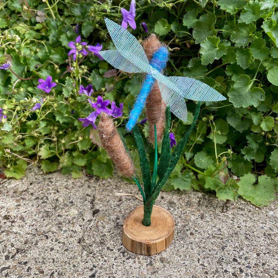 Needle felt dragonfly and bulrushes ornament
