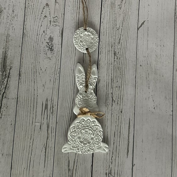 Handmade Rustic Clay Easter Bunny – Mandala Wall Hanging – Spring Gift & Décor