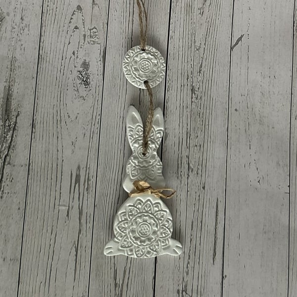 Handmade Rustic Clay Easter Bunny – Mandala Wall Hanging – Spring Gift & Décor