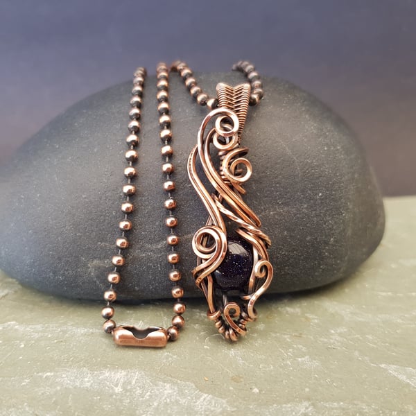 Blue Goldstone and Copper Wire Wrapped Necklace on a Copper Chain