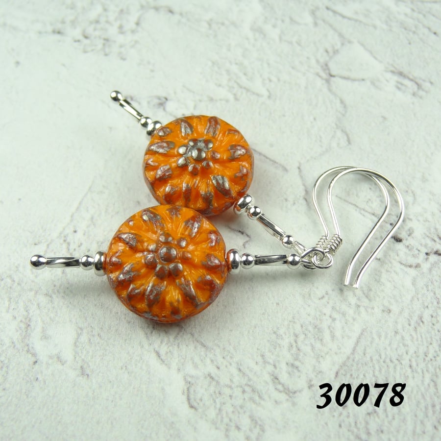 Orange Czech glass drop earrings, sterling silver, dahlia flower (30078)