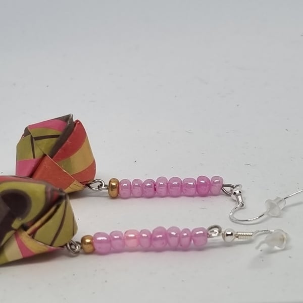 Origami earrings  pink, gold and green retro design paper and small beads 