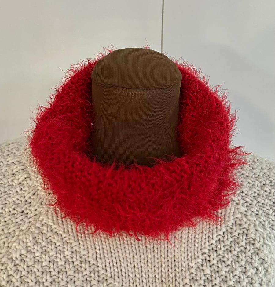 Fluffy hand knitted cowl