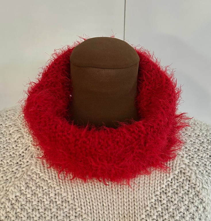 Fluffy hand knitted cowl