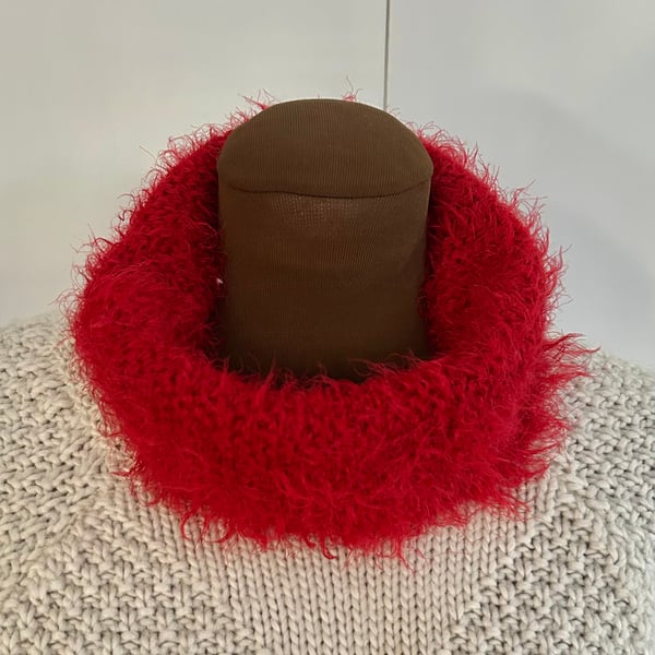 Fluffy hand knitted cowl