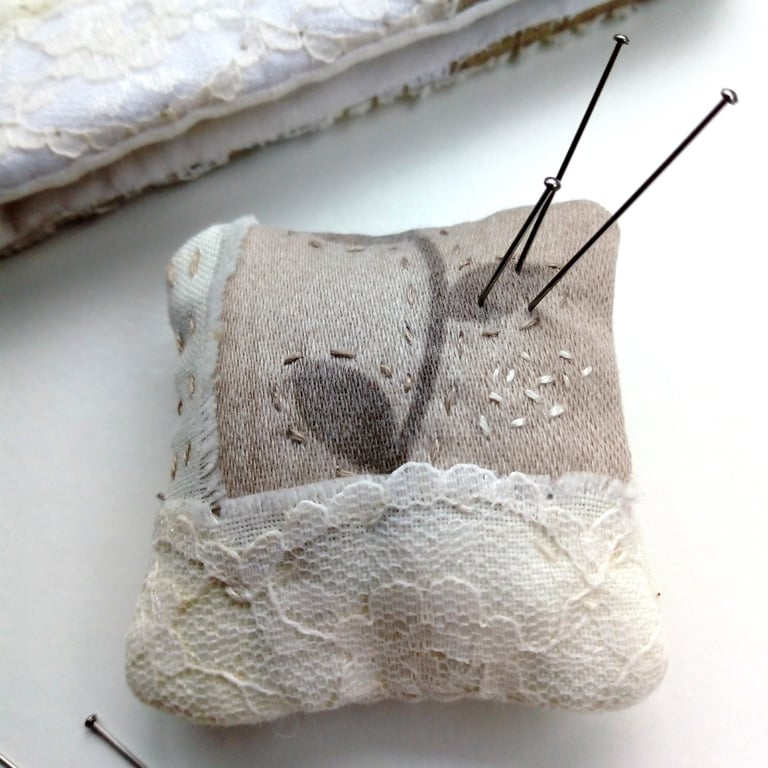 Hand Embroidered Pin Cushion with Leaf Design