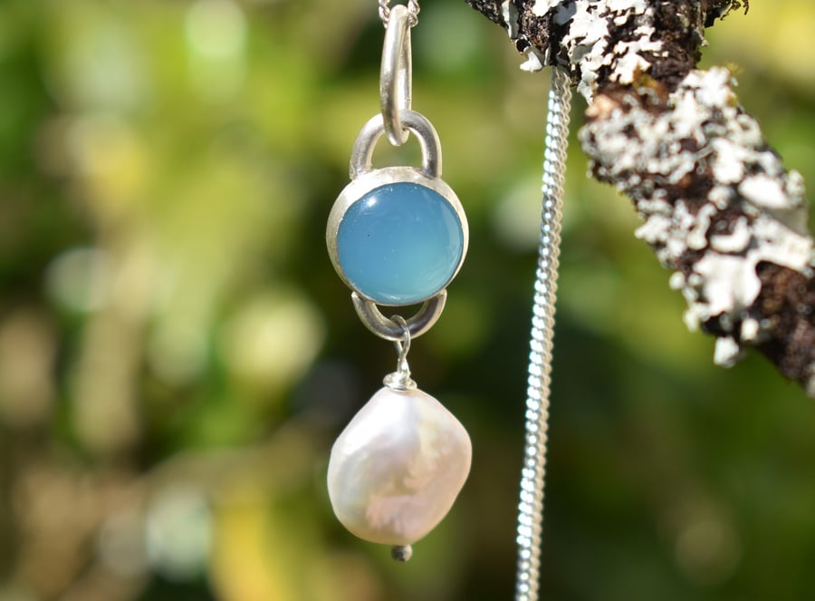 Handmade Blue Chalcedony and Freshwater Pearl Sterling Silver Pendant