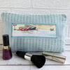 Large duck egg blue make up bag with beach and boats decorative panel
