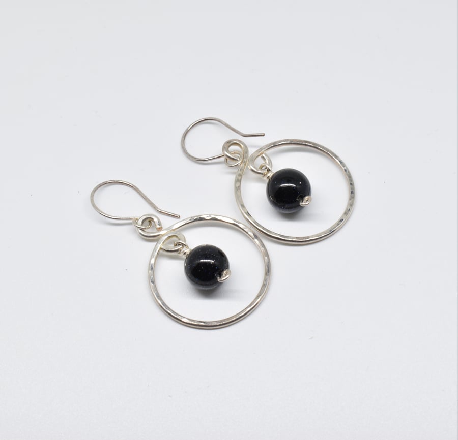 Wire Wrapped Silver Filled and Blue Goldstone Hoop Earrings