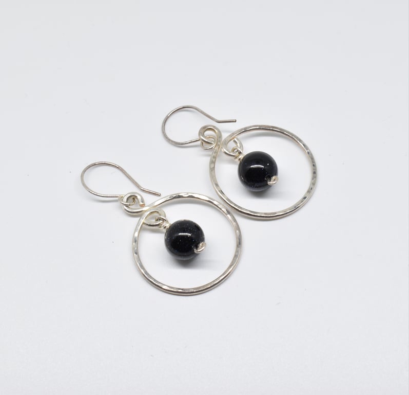 Wire Wrapped Silver Filled and Blue Goldstone Hoop Earrings