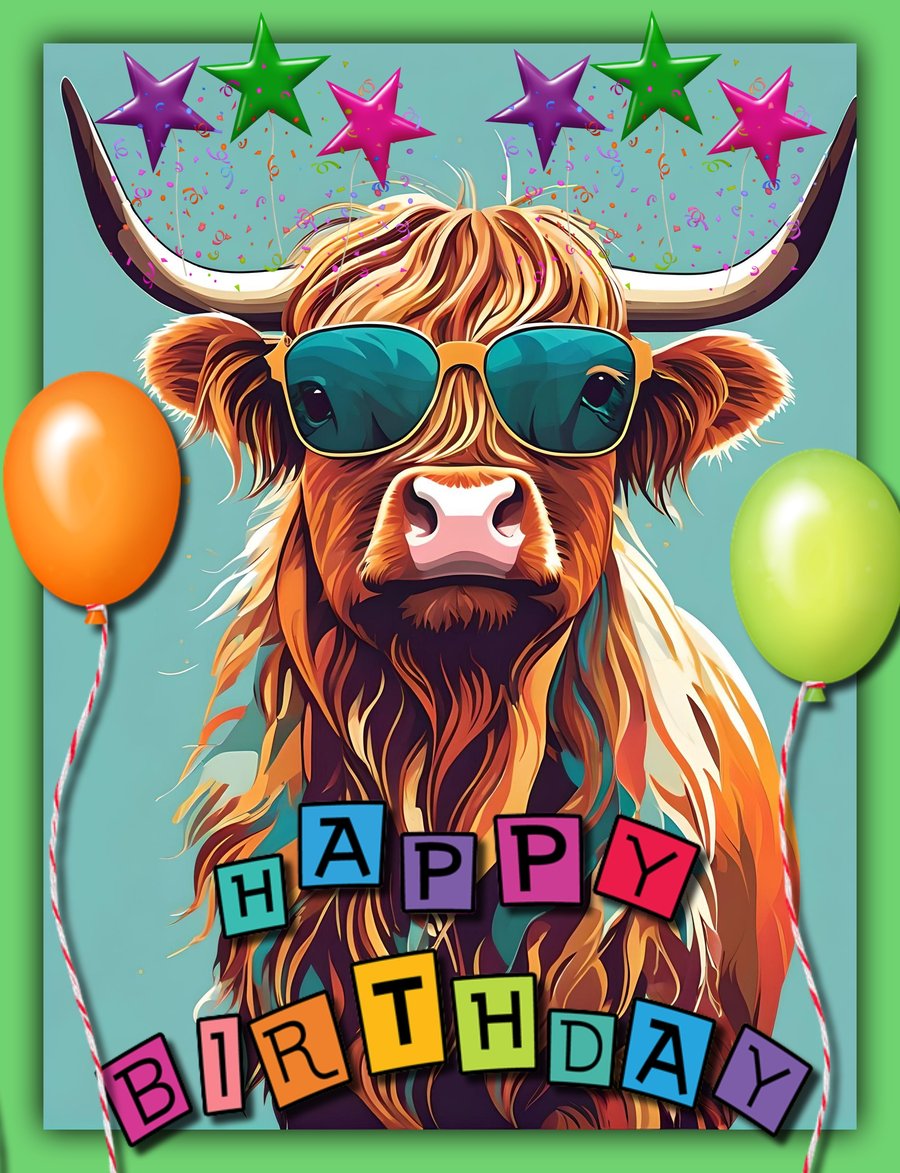 Happy Birthday Highland Cow In Sunglasses Card A5