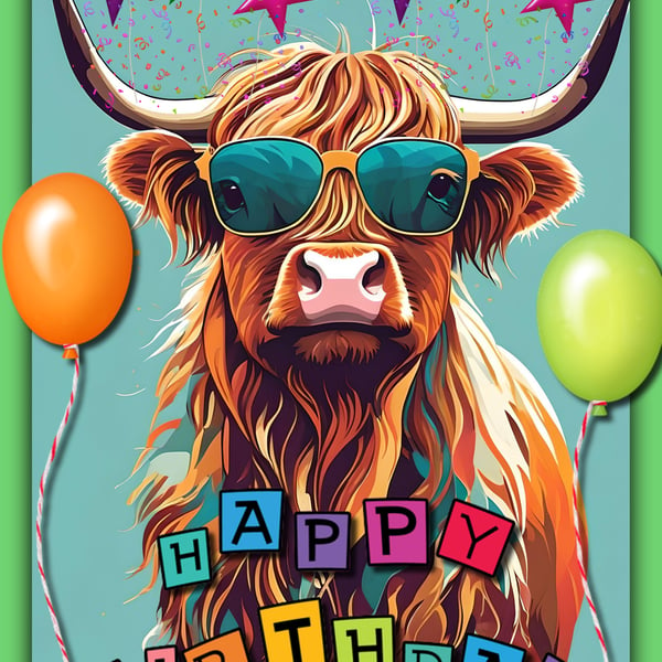Happy Birthday Highland Cow In Sunglasses Card A5
