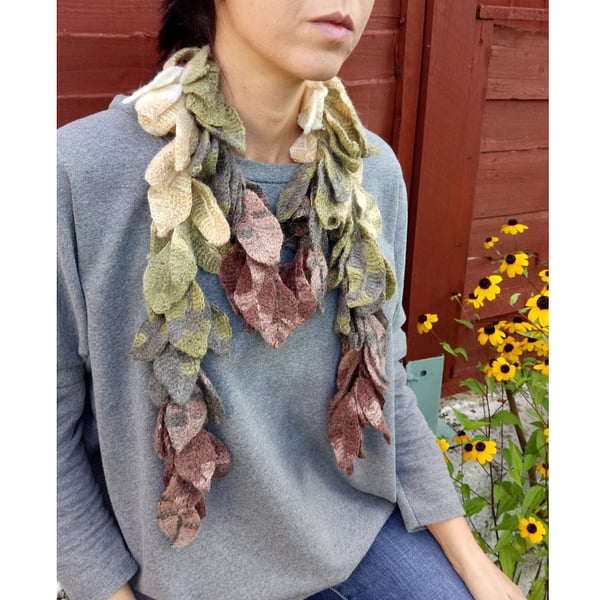 Crochet beige-green-brown pastel colors crochet leafs neck wrap -shawl