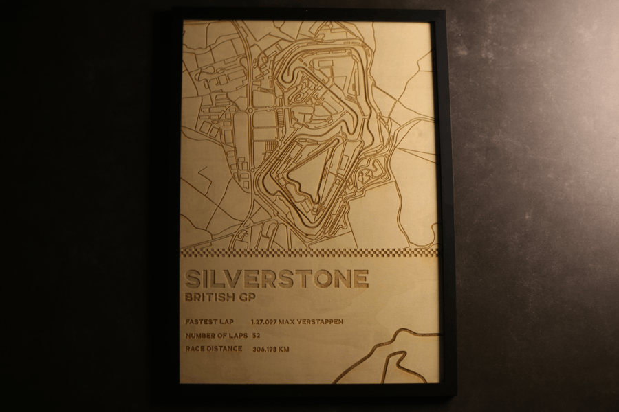 Silverstone F1 Circuit Wood Map - Laser Engraved Wall Art - Formula 1 Track
