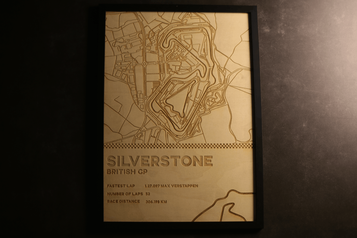Silverstone F1 Circuit Wood Map - Laser Engraved Wall Art - Formula 1 Track