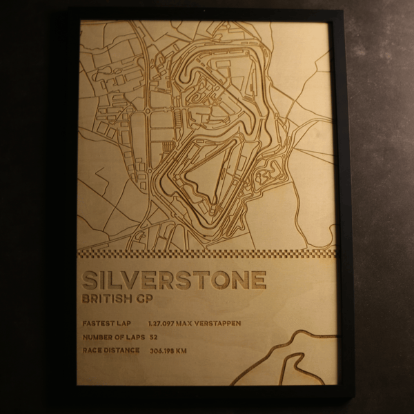 Silverstone F1 Circuit Wood Map - Laser Engraved Wall Art - Formula 1 Track