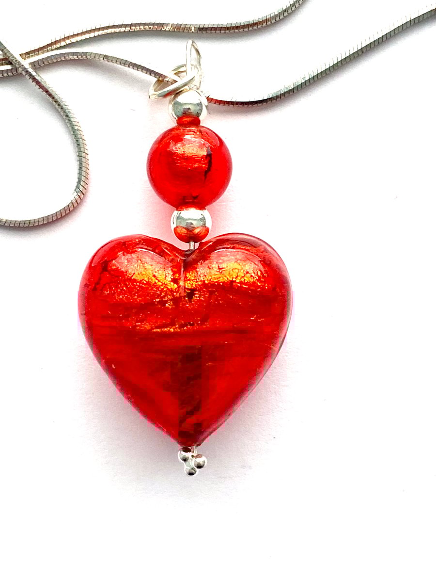Murano glass red heart pendant with sterling silver.