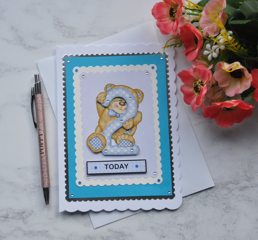 Birthday Card 2 Today Boy Teddy Bear Blue White Polka Dots 3D Luxury Handmade