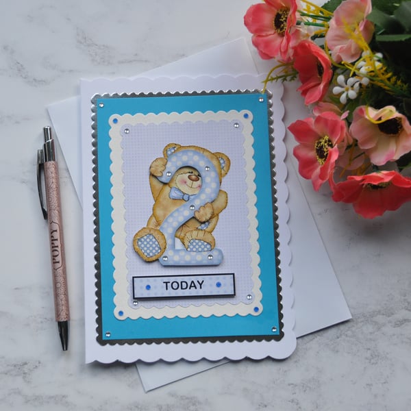 Birthday Card 2 Today Boy Teddy Bear Blue White Polka Dots 3D Luxury Handmade
