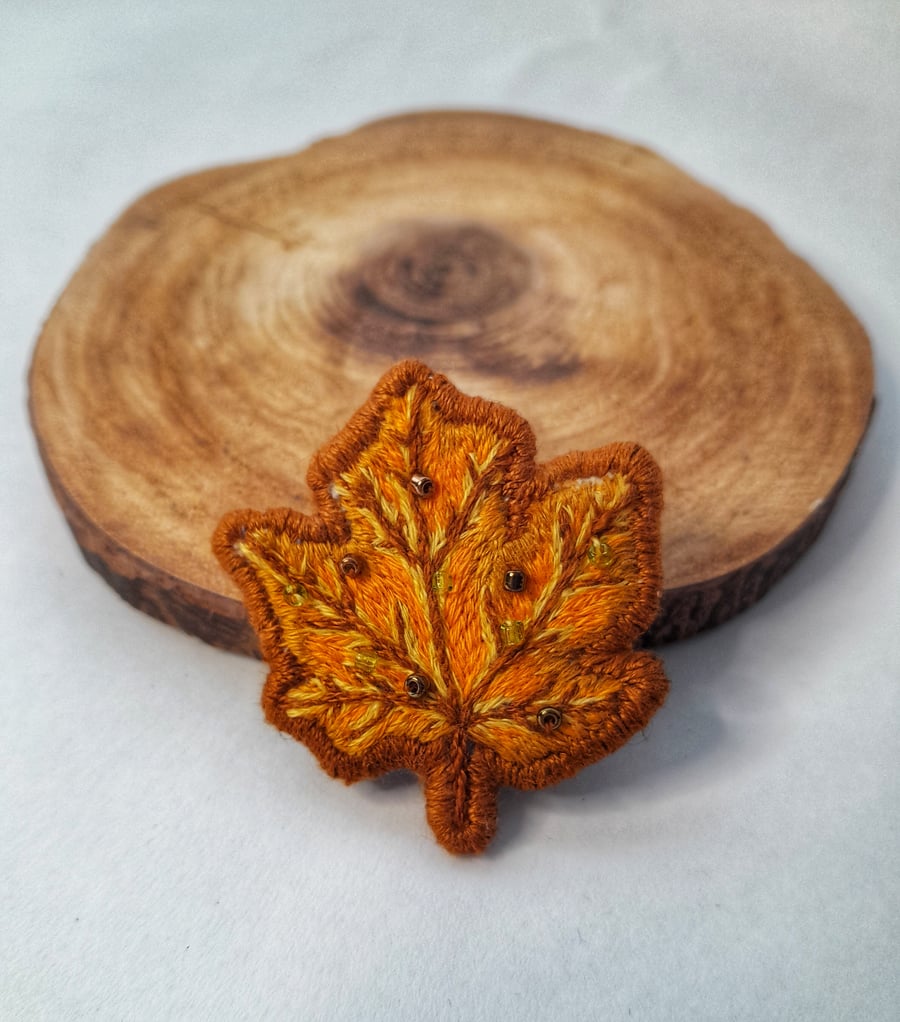 Hand embroidered Autumn beaded Leaf Brooch 