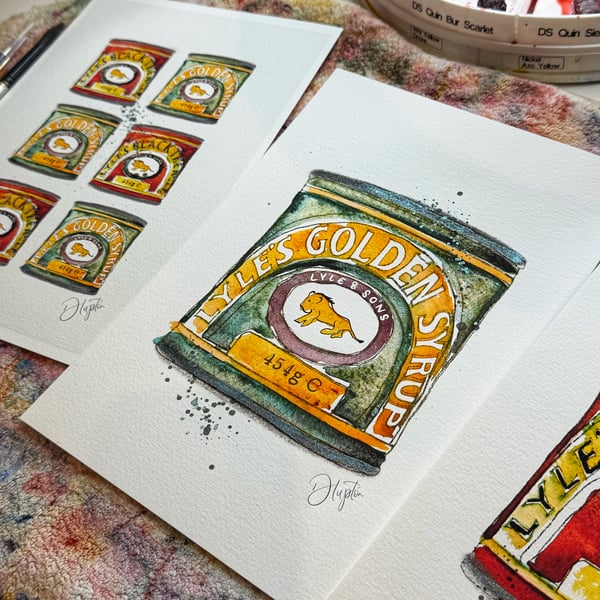 Hand Finished Watercolour A4 Art Print - Lyle's Syrup Tin