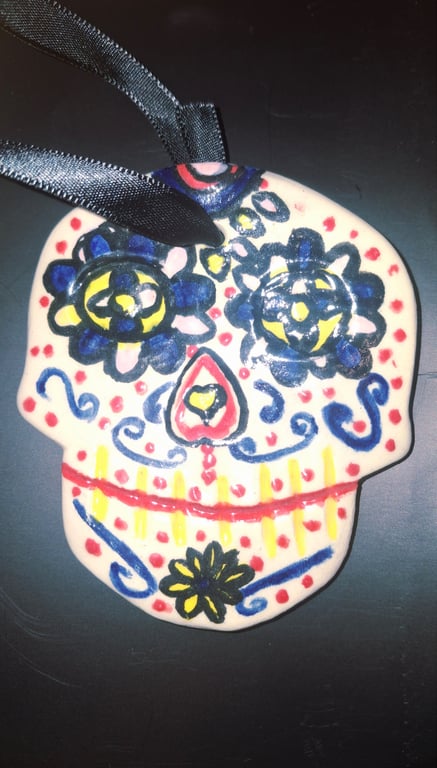 Handmade Ceramic Sugar Skull Halloween Decoration – Colourful Mexican Inspired.