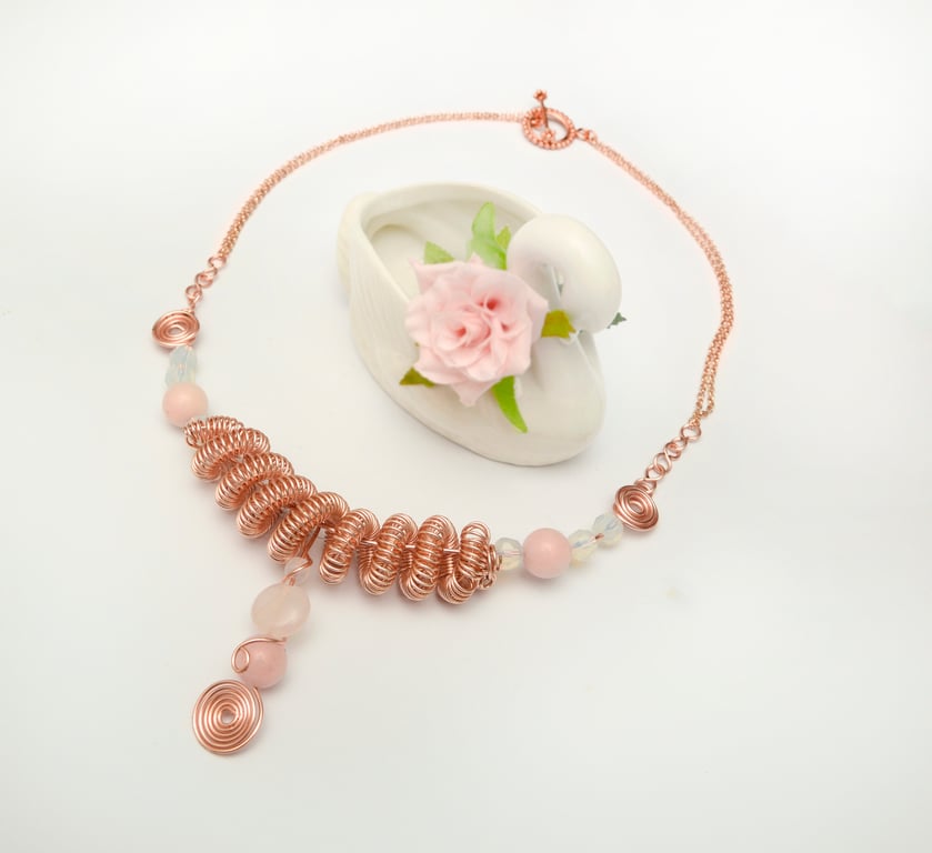 Handcrafted Rose Gold Wire-Wrapped Necklace with Pink & white Beads