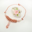 Handcrafted Rose Gold Wire-Wrapped Necklace with Pink & white Beads