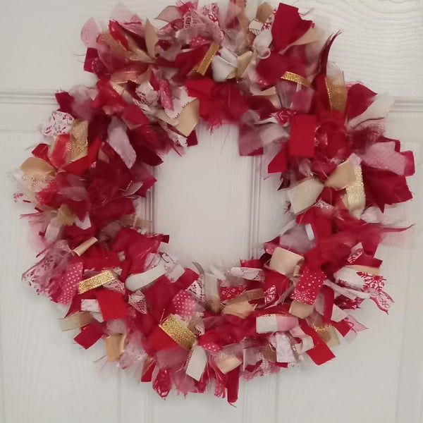 Christmas Rag Wreath in Red White and Gold