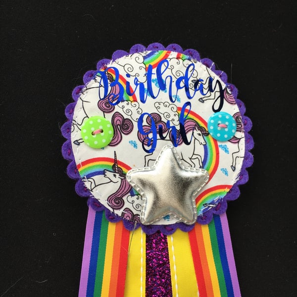 Birthday girl  badge-Rosette Personalised - Rainbows and unicorns