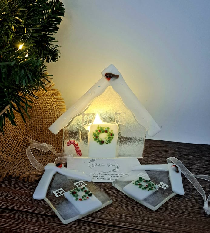 Fused Glass Tealight 'Candy Cane Cottage'