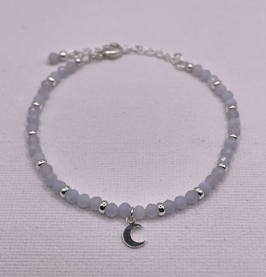 Chalcedony gemstone & sterling silvermoon charm bracelet