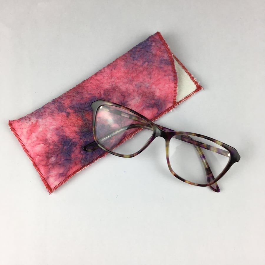 Glasses case, spectacles slip case, nuno felted hand dyed silk with merino wool