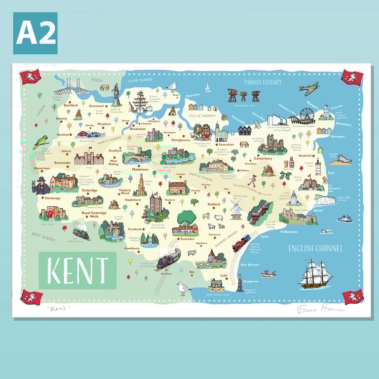 Kent map A2 illustrated poster