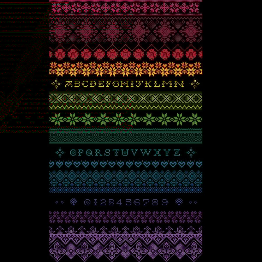 131B - Reduced Height Rainbow Band Alphabet Long Dog Sampler on Black CSPattern