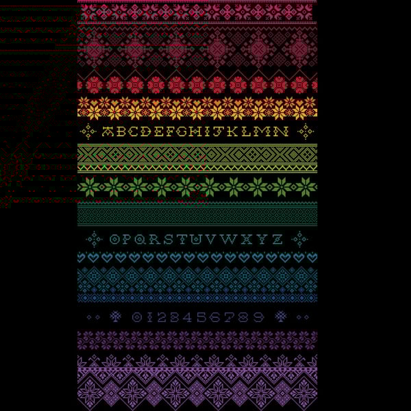 131B - Reduced Height Rainbow Band Alphabet Long Dog Sampler on Black CSPattern