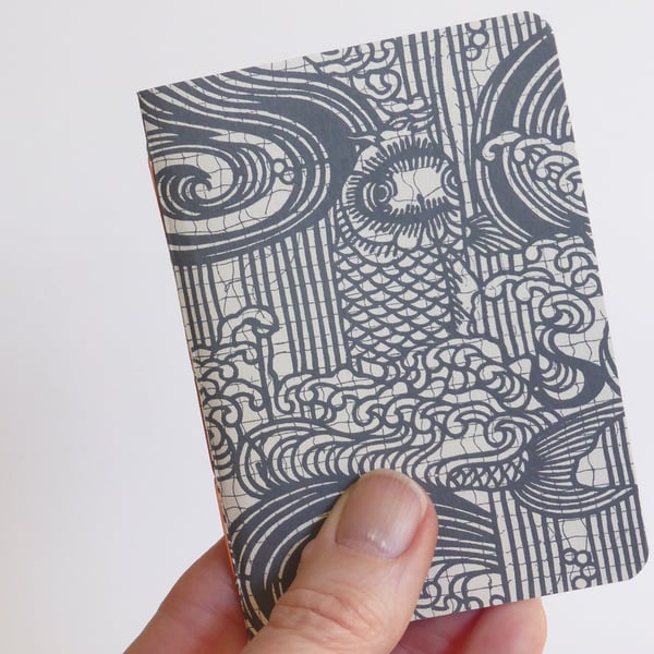Small hand bound A7 notebook with black Japanese fish patterned cover