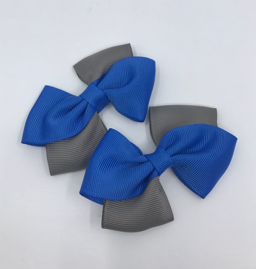 Royal Blue and Grey Diagonal Double with Bows on Clips (pair)