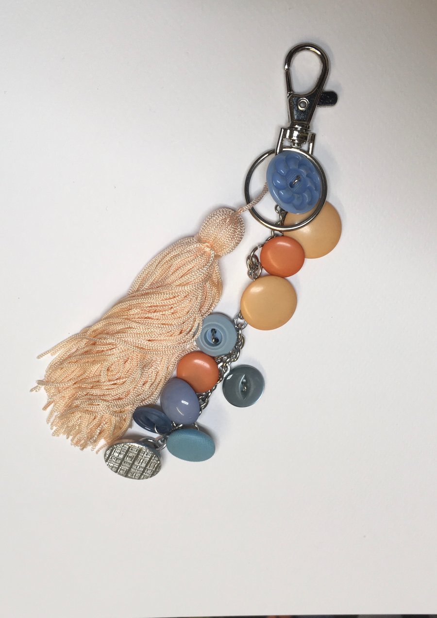 Repurposed vintage button and costume jewellery bag charm and keyring 